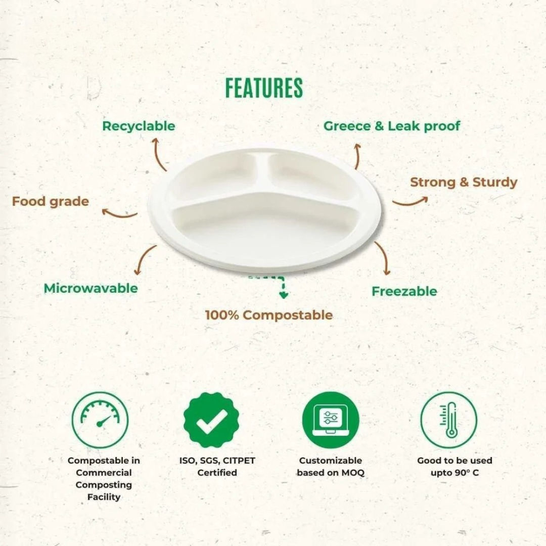 Sugarcane Bagasse 3 Compartment Plate